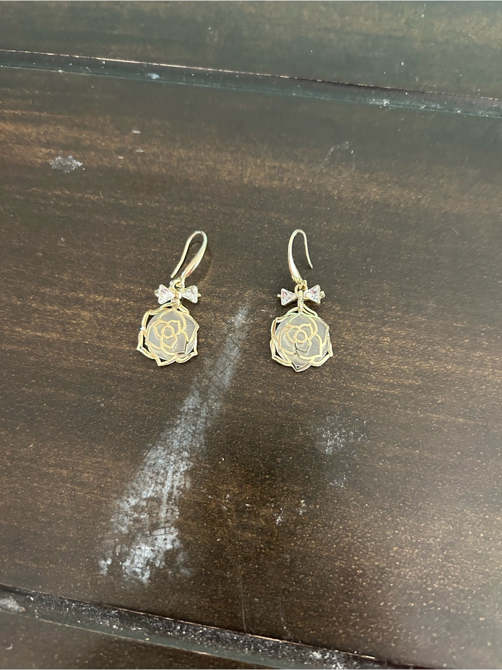 Delicate Gold Rose Drop Earrings with Bow Accent